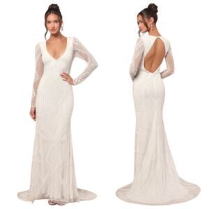 Lulus Deedra White Sequin Beaded Backless Maxi Dress size Large NWT